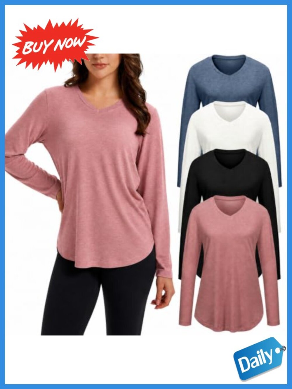 4 Pack Long Sleeve V Neck Tunic Tops Curved Hem Loose Fit Women's Clothing